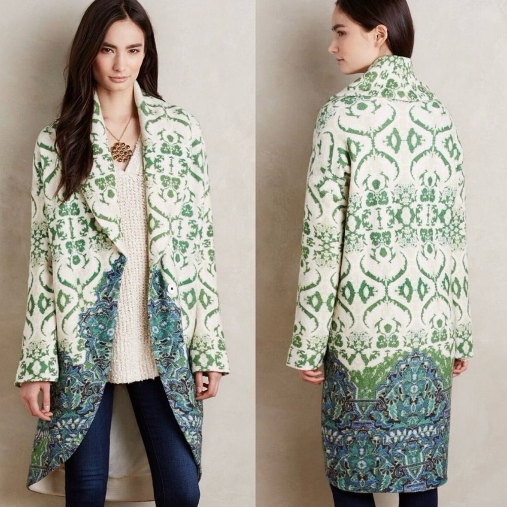 Anthropologie-Moth 
Green and Cream Trench Coat with Artistic Pattern
